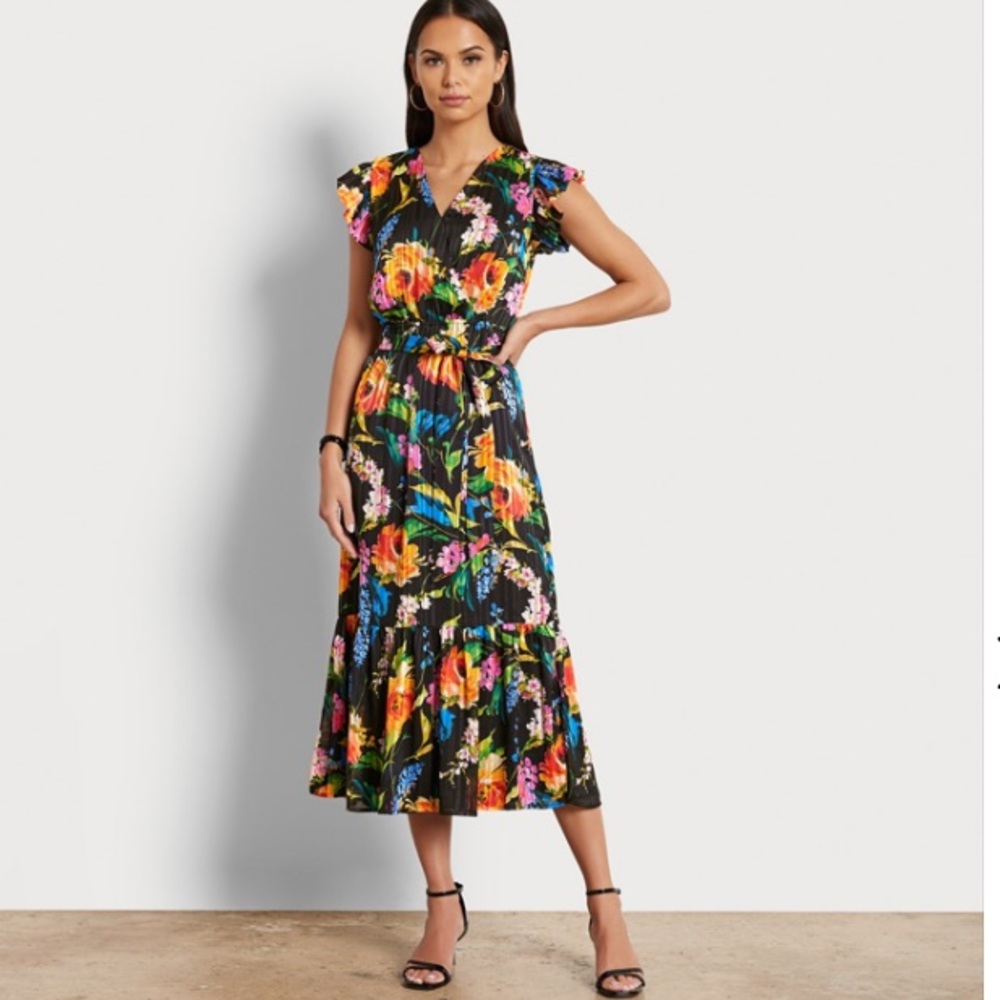 NWT Sam Edelman V-Neck Floral Midi Dress in Black/Multi